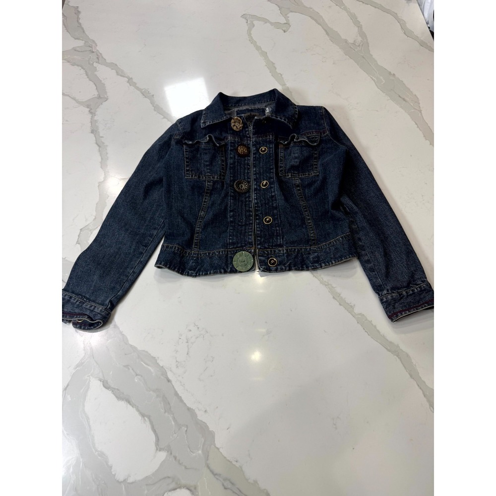 CAbi Cropped Trucker‎ Jacket Womens XS Blue Denim Dark Wash Button Front Casual